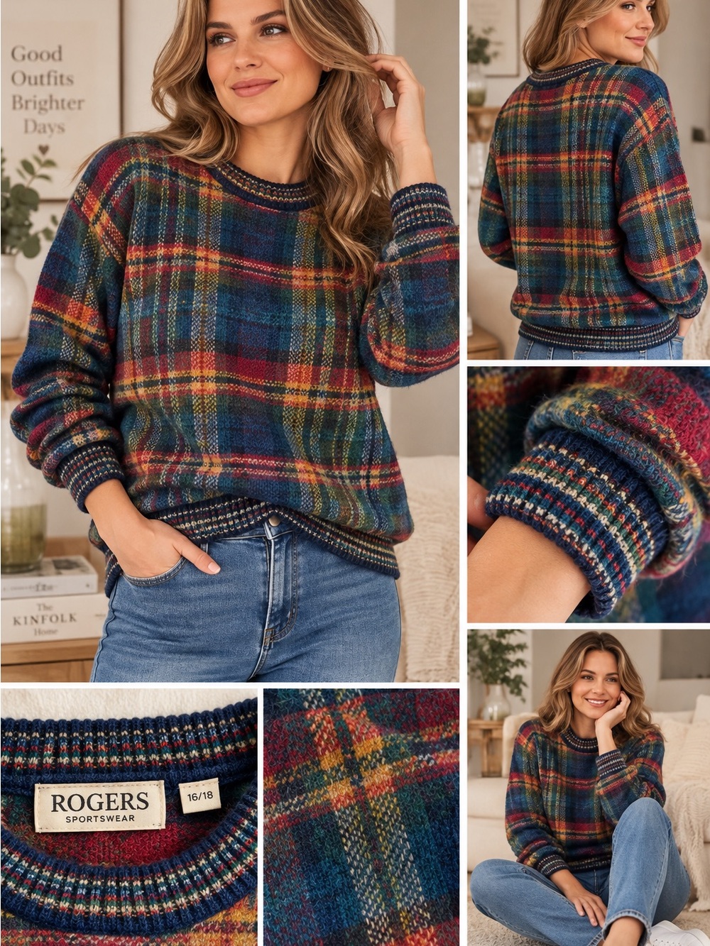 Vintage Plaid Knit Sweater – Colorful Lightweight Pullover